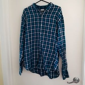 Old Navy Men's Button Down, Navy and Teal Plaid, XXL tall slim fit